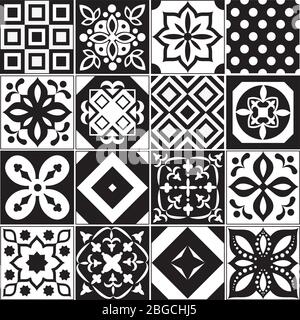 Vintage black and white traditional ceramic floor tile patterns vector collection. Ceramic pattern traditional floor background square illustration Stock Vector
