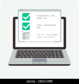 Online checklist on laptop display. Success quiz and exam testing vector concept. Illustration of check list , survey online laptop Stock Vector