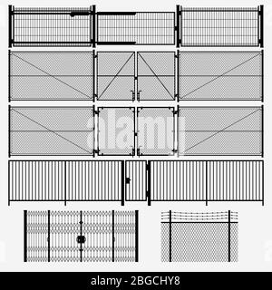 black metal gates fence set Stock Vector