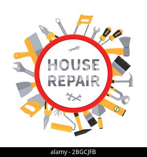 House repair and remodeling vector background with construction tools. Trowel and ruler, renovation and repair illustration Stock Vector
