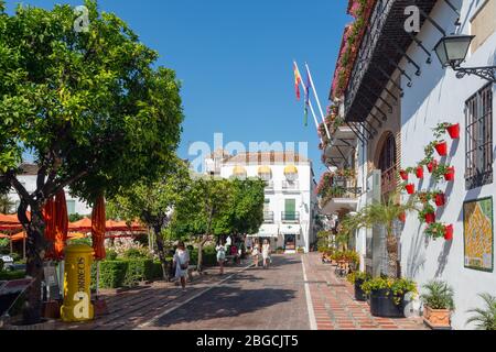 Plaza de los Naranjos or Orange Square, Marbella, Costa del Sol, Malaga Province, Andalusia, southern Spain.  The Ayuntamiento, or Town Hall is on the Stock Photo