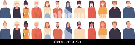 Set of vector illustrations in flat style. Modern multicultural, multiethnic society. European, african, asian, american. Men and women. People Stock Vector