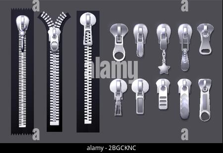 Metal and plastic fasteners, zippers. Garment components and handbag accessories vector set. Fastener and zipper isolated, realistic zippered accessories illustration Stock Vector
