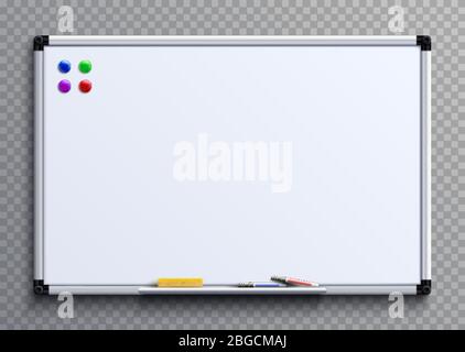 Empty whiteboard with marker pens and magnets. Business presentation office white board isolated vector mockup. Illustration of whiteboard clean with colored markers Stock Vector