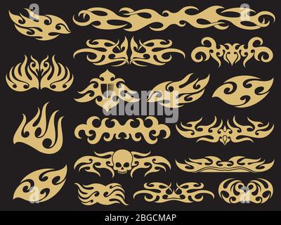 Golden vehicle motorcycle flames set design on black background. Vector pattern fire design, speed racing auto decoration illustration Stock Vector