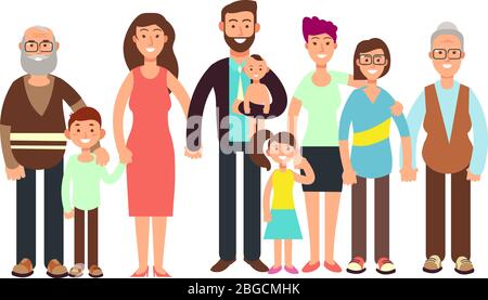 Cartoon smiling happy family. Grandpa and grandma, dady, mom and children vector illustration. Family father and mother, child girl boy Stock Vector