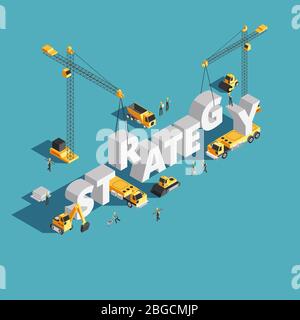 Website marketing strategy creation 3d isometric vector concept with workers and crane. Strategy business isometric illustration Stock Vector