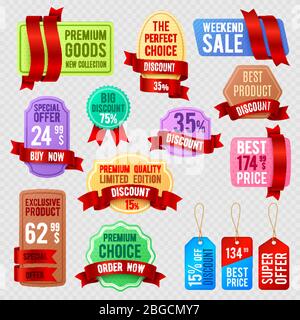 Sale and discount price tags, ribbon banners with promo text isolated on transparent background. Vector illustration Stock Vector