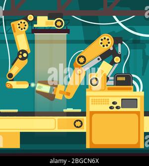 Manufacturing auto assembly line with robotic arms. Technology and engineering vector concept. Vector production industry, manufacturing equipment illustration Stock Vector