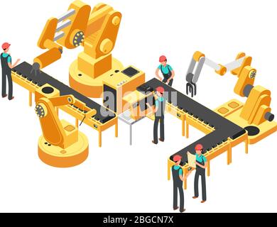 Conveyor production line automotive industry and automation control isometric vector concept. Automation and production conveyor, automotive robotic and machinery illustration Stock Vector