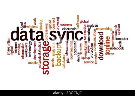 Data sync word cloud concept on white background Stock Photo