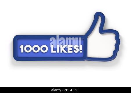1000 likes thumbs up social media banner. 3D rendering