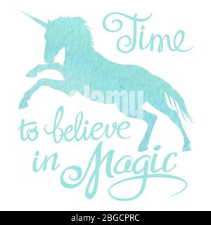 Turquoise watercolor unicorn silhouette and lettering isolated on white background. Vector illustration Stock Vector