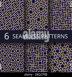 Arabic culture seamless vector patterns. Gold asian decoration repeat backgrounds. Collection of asian and arabian seamless patterns illustration Stock Vector