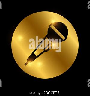 Simple black shiny microphone on gold round isolated. Vector illustration Stock Vector