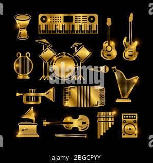 Shiny golden classic music instruments, silhouettes vector icons illustration Stock Vector