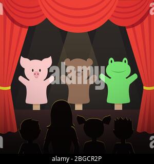 Childrens puppet theater performance with animals actors and kids audience vector illustration. Theater puppet stage for kids Stock Vector
