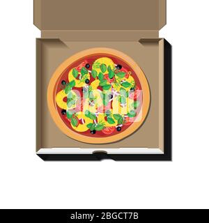 Tasty pizza with pineapple and olives in a brown cardboard box on a white background isolated - vector template. Pizza Delivery Vector Poster Stock Vector