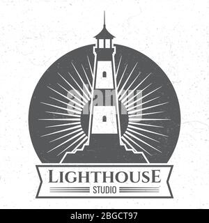 Grunge lighthous silhouette logo or label isolated on white background. Vector illustration Stock Vector