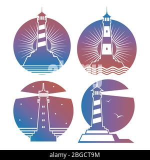 Modern bright lighthouses emblems or logos of collection. Vector illustration Stock Vector