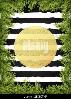 Luxury Invitation poster frame of pine, fir, spruce branches for a Christmas party on a striped black ans white background. Template for the holiday Stock Vector