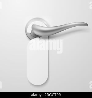 Hotel door handle with white blank plastic hanger vector illustration. Hang door with empty tag no disturb Stock Vector