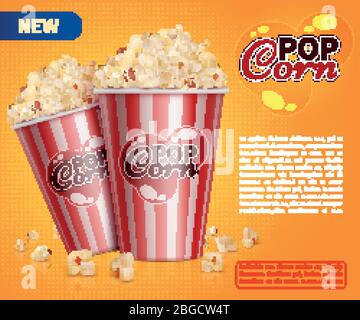 Classic popcorn movie theater snacks vector promotional background. Pop corn for cinema, bucket with popcorn illustration Stock Vector