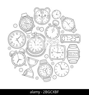 Hand drawn clock, wrist watch doodles time vector concept. Illustration of time clock and wrist watch sketch Stock Vector