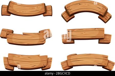 Cartoon brown wooden plate and ribbons. Vector set isolate on white background Stock Vector