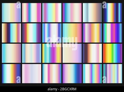 Rainbow metallic gradients with holographic colors vector templates. Rainbow hologram, holographic gradient collection illustration Stock Vector