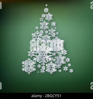 Christmas and New Years green background with Christmas Tree made of paper snowflakes. EPS 10 Stock Vector
