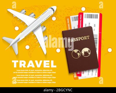Air travel banner with plane world map and passport - vacation concept design. Banner with airplane and vacation tickets. Vector illustration Stock Vector