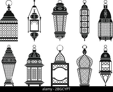 Vector silhouette of vintage arabic lanterns and lamps isolate on white background Stock Vector