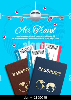 Air travel banner with earth plane passport and tickets. Airplane travel, ticket to plane and passport. Vector illustration Stock Vector
