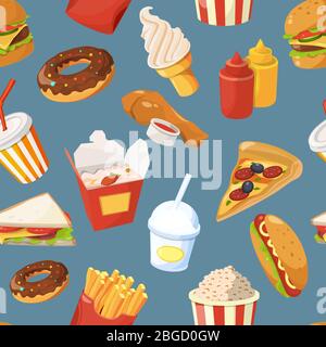 Fast food vector seamless pattern with cold water, sandwich and burger Stock Vector