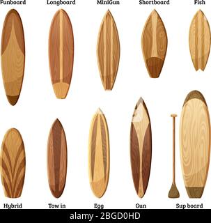 Different sizes and designs of wood surfboards isolate on white background. Vector illustration Stock Vector