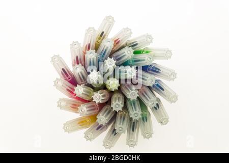 Set of felt tip pens rolled on a white background. Top view. Art and school creative concept Stock Photo