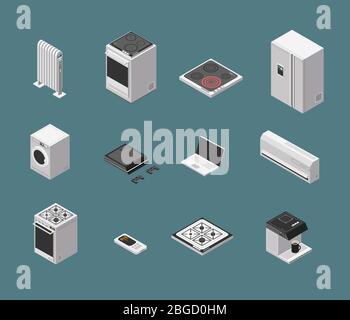 Isometric 3d household kitchen appliance and electrical equipment isolated vector set. Illustration of isometric domestic equipment kitchen Stock Vector