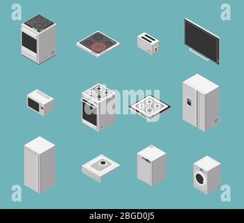 Domestic and kitchen appliances isometric vector icons set. Kitchen domestic cooker and electric oven refrigerator illustration Stock Vector