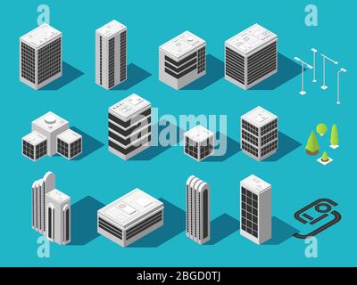 Isometric building for 3d city map vector set. Isometric city house and architecture building illustration Stock Vector