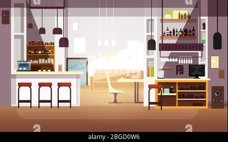 Modern empty bar or coffee shop vector flat interior. Restaurant and coffee shop, cafe indoor room illustration Stock Vector