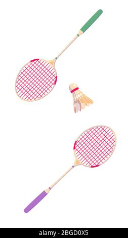 Badminton shuttlecock and rackets for vertical banner. Tennis Professional sport equipment isolated on white background. Abstract competition illustration. Copy space. Mobile Vector clip art. Stock Vector