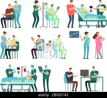 Man and woman patients with doctors, medical staff and equipment. People characters in hospital vector illustration. Doctor and patient medicine, healthcare for diagnostics and transfusion Stock Vector
