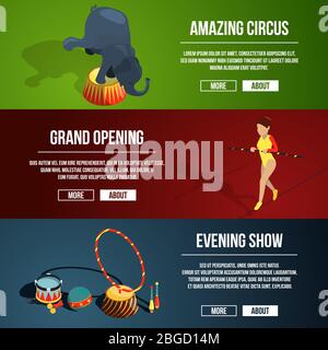 Invitation to the circus magic show. Three horizontal vector banners set in cartoon style Stock Vector