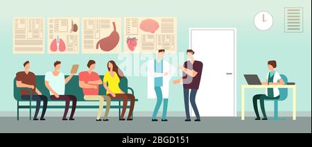 Patients and doctor in hospital waiting room. Disabled people at doctors office. Healthcare vector concept. Hospital and patient with doctor, interior medical clinic illustration Stock Vector
