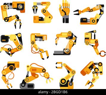 Industrial robotic arms manufacture technology assembly equipment vector set. Industry assembly equipment for manufacturing machine illustration Stock Vector