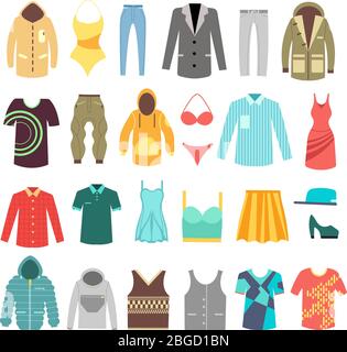 Modern stylish man and woman clothes, shoes and accessories vector icons. Illustration of fashion dress and clothing, shirt and clothes Stock Vector