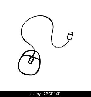 Computer wired mouse, black and white doodle style illustration concept vector Stock Vector