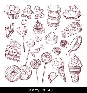 Vector doodle pictures of different desserts sweets and cakes Stock Vector