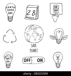 Set of icons on the theme of Earth Hour. Globe, tear-off calendar, light bulbs, tree, light switch, slider, recycling sign in the form of three arrows Stock Vector